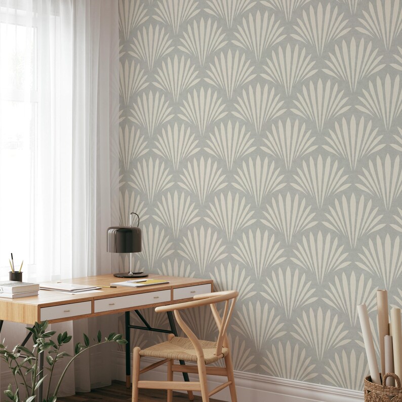 coastal shell neutral gray wallpaper in removable peel and stick, prepasted or traditional nonpasted for boho beach house decor.