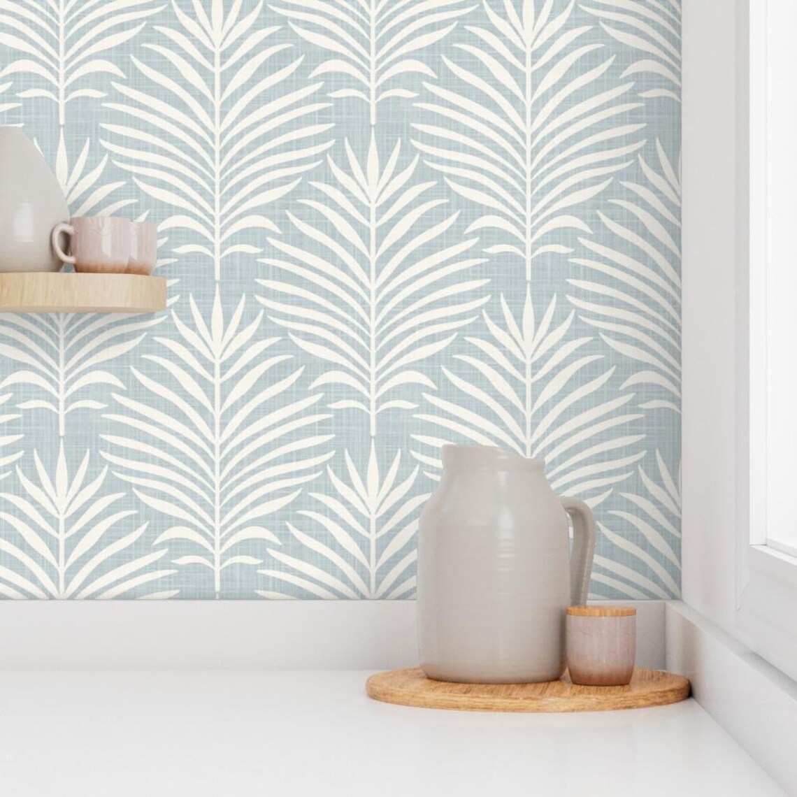 Wallpaper Peel and Stick | Coastal Calm Palm Leaf | Blue & off White ...