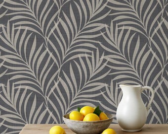 Tropical Boho Palm Leaf Wallpaper | Removable Peel and Stick Renter Friendly | Dark Botanical Fronds | Coastal Bathroom, Powder Room, Dining