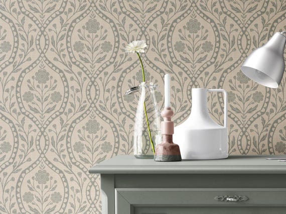 Vintage Wallpaper French Country - Removable Peel and Stick - Sage Green Small Floral Victorian Damask - Baby Nursery, Powder Room, Dining