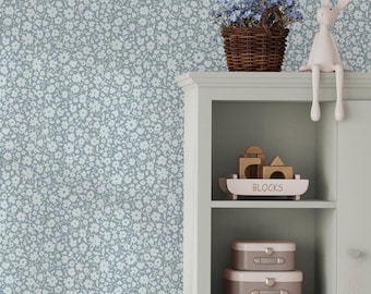 Girls Nursery Wallpaper Blue Vintage Floral - Removable Peel and Stick or Pre-pasted - Baby Toddler Kids Room