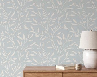 Wallpaper Removable Peel and Stick - Light Blue Botanical Leaf and Branches - Bathroom, Powder Room, Boho Nursery, Girls Boys Bedroom