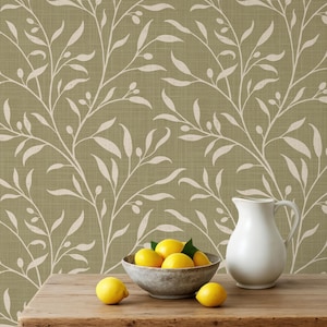 French Country Wallpaper Removable Peel and Stick or Pre-pasted - Olive Tree Leaf & Branches Green Botanical for Bedroom, Living Room, Entry