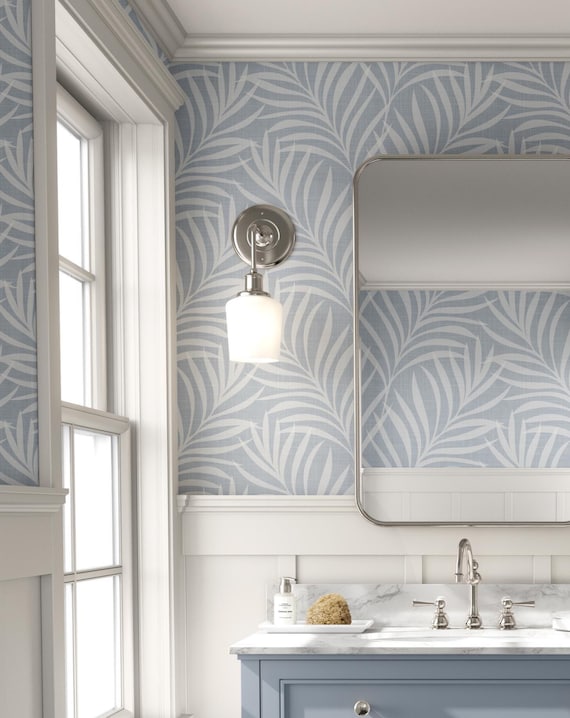 Modern Coastal Wallpaper Peel and Stick - Light Blue Palm Leaf Boho Tropical for Bathroom, Powder Room, Nursery, Laundry Room