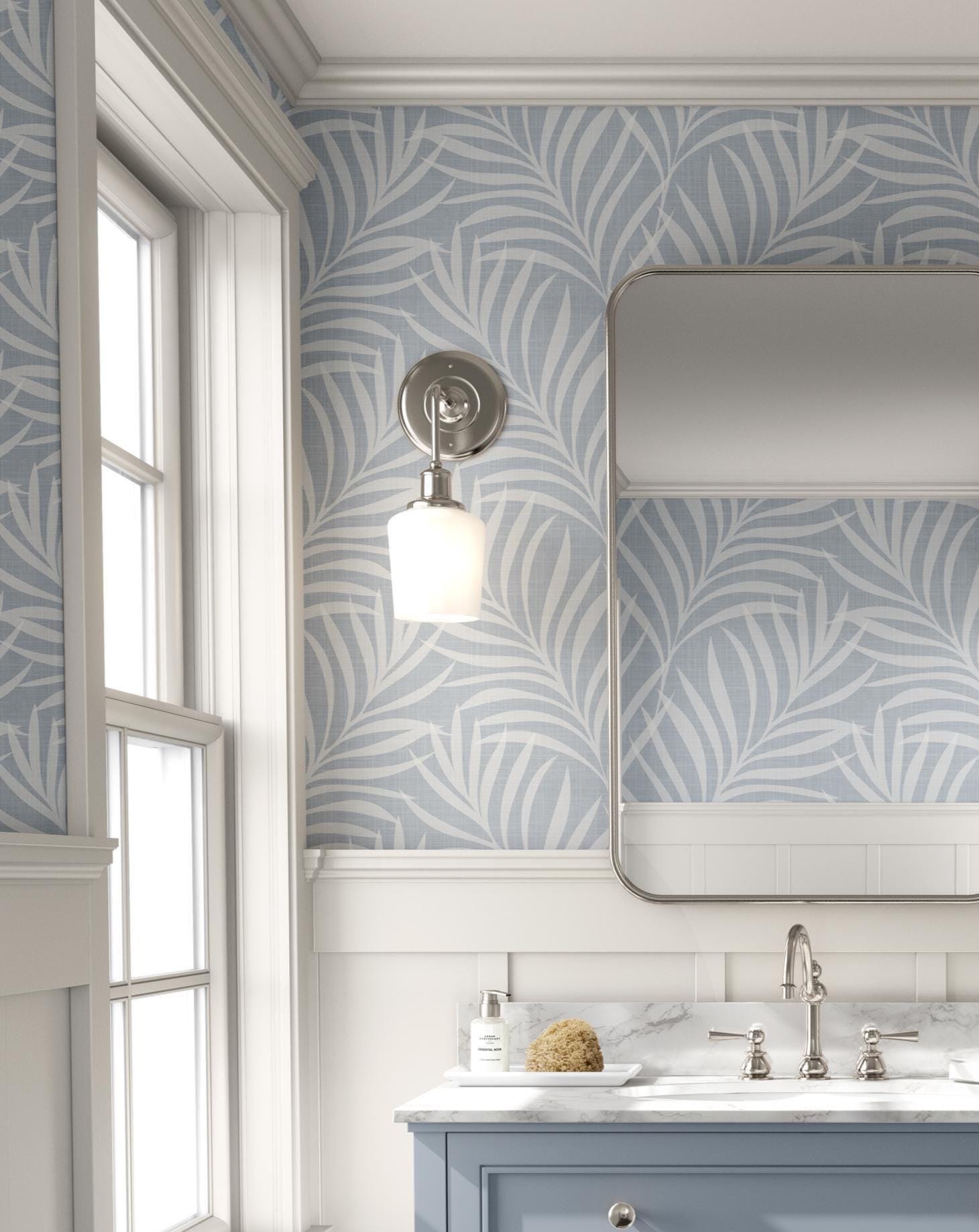 Modern Coastal Wallpaper Peel and Stick - Light Blue Palm Leaf Boho ...