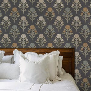 Heritage Revival Dark Floral Gothic Black Wallpaper shown in prepasted or peel and stick removable, diy, renter friendly for powder room, bathroom, entryway, hallway, office, or dramatic statement wall.