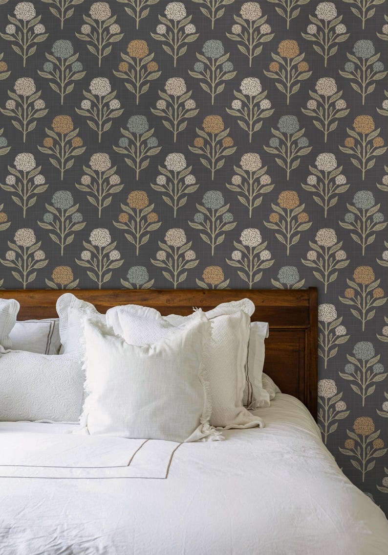 Heritage Revival Dark Floral Gothic Black Wallpaper shown in prepasted or peel and stick removable, diy, renter friendly for powder room, bathroom, entryway, hallway, office, or dramatic statement wall.