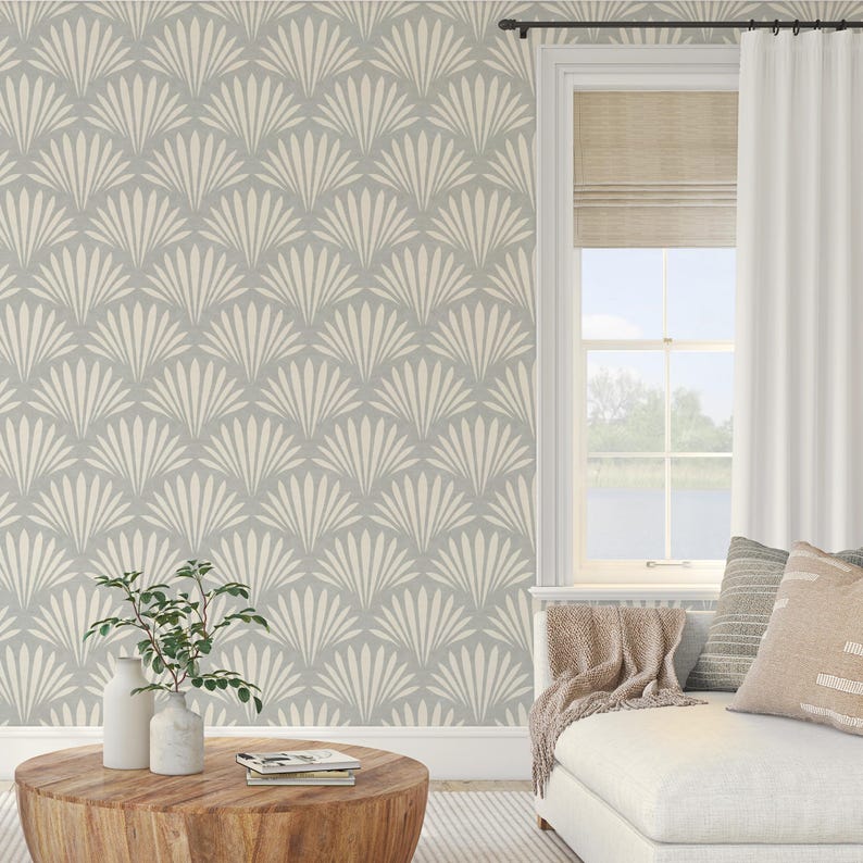 coastal shell neutral gray wallpaper in removable peel and stick, prepasted or traditional nonpasted for boho beach house decor.