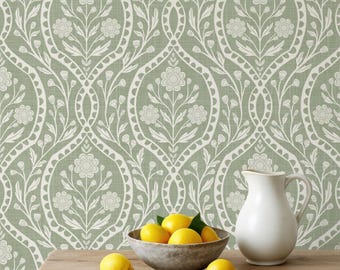 Wallpaper Sage Green - French Country Bathroom - Removable Peel and Stick - Floral Victorian, Renter Friendly, Gender Neutral Nursery Room