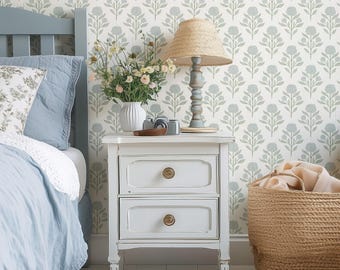 Wallpaper Blue - French Country Removable Peel and Stick Cute Vintage Floral, Renter Friendly, Baby Girl Nursery, Kids Bedroom, Powder Room