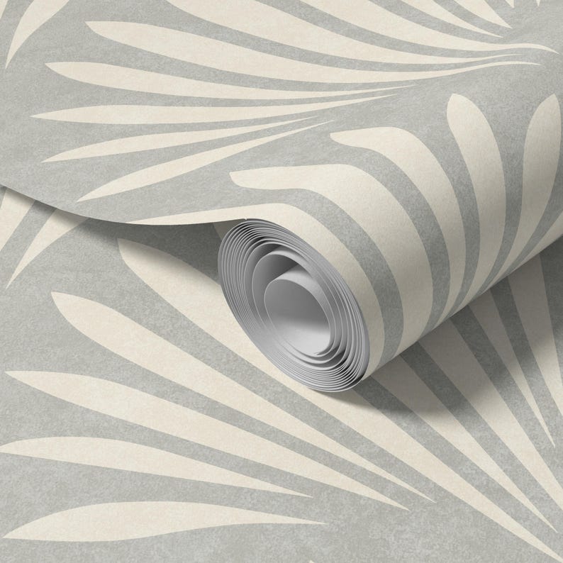 coastal shell neutral gray wallpaper in removable peel and stick, prepasted or traditional nonpasted for boho beach house decor.