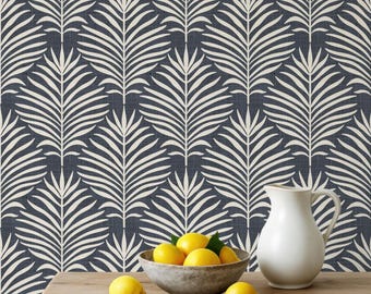 Navy Blue Palm Leaf - Traditional NonPasted, Prepasted, & Peel and Stick Wallpaper - Modern Coastal - Powder Room, Bathroom, Bedroom