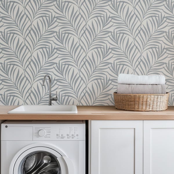 Palm Leaf Wallpaper | Tropical Coastal Nautical | Peel and Stick Removable | Blue & Off White | Beach House Bathroom, laundry room, Foyer