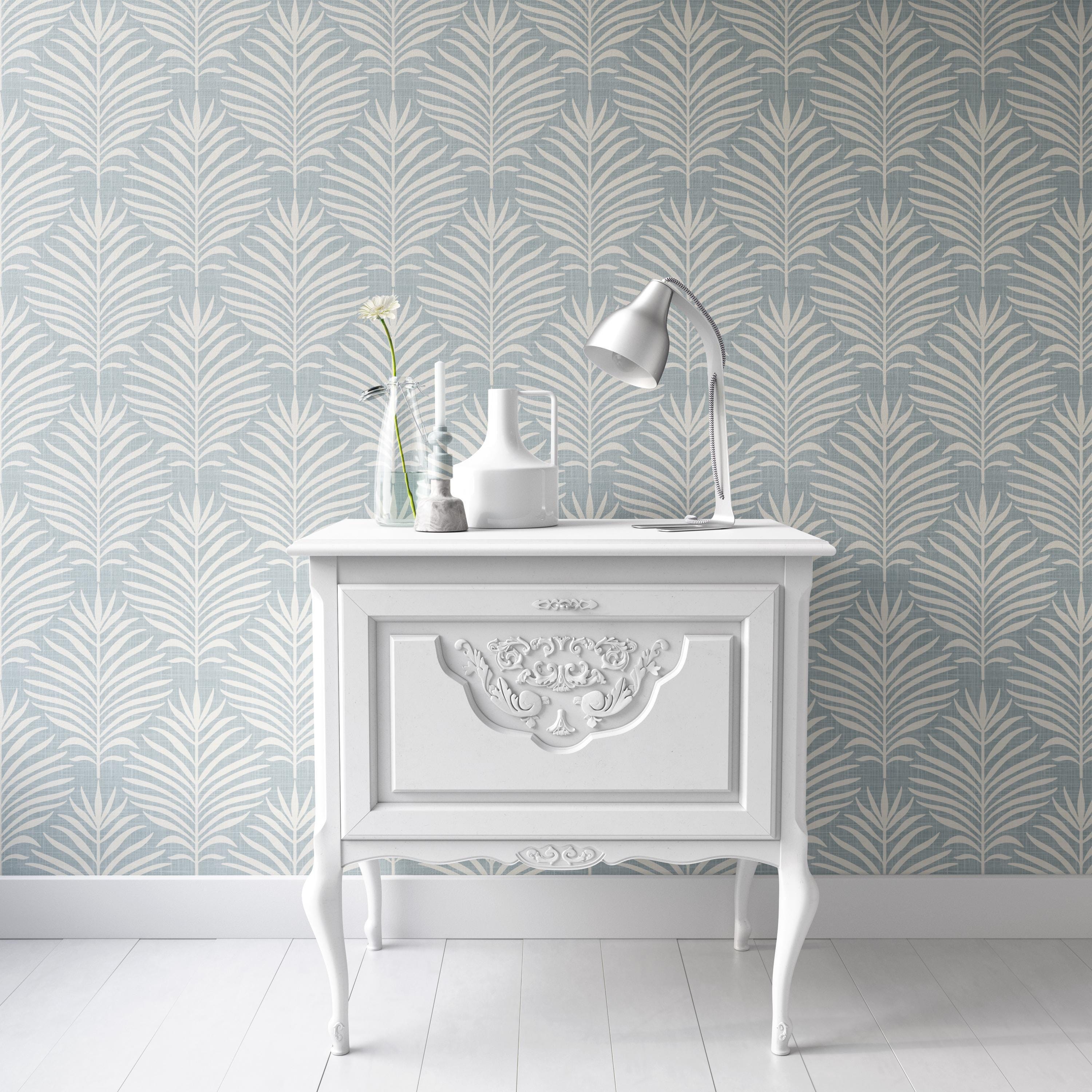 Wallpaper Peel and Stick | Coastal Calm Palm Leaf | Blue & off White ...