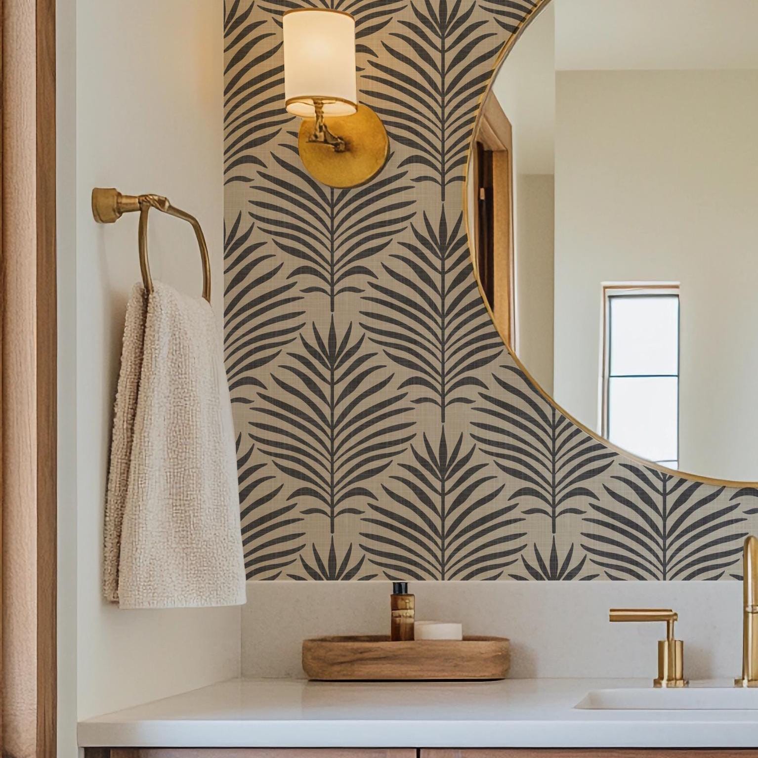 Boho Tropical Peel and Stick Wallpaper - Neutral Black & Tan Palm Leaf - Modern Coastal Leaves Linen Textured Renter Friendly and Removable