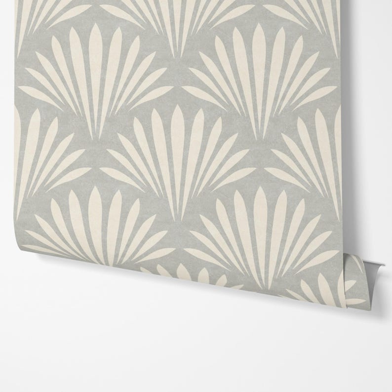 coastal shell neutral gray wallpaper in removable peel and stick, prepasted or traditional nonpasted for boho beach house decor.