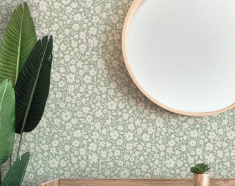 Girls Nursery Wallpaper Neutral Boho Vintage Floral Sage Green - Removable Peel and Stick - Baby Toddler Kids Room