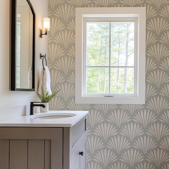 Modern Coastal Peel and Stick Bathroom Wallpaper -  Neutral Gray Beach House Nursery, Powder Room, Bathroom
