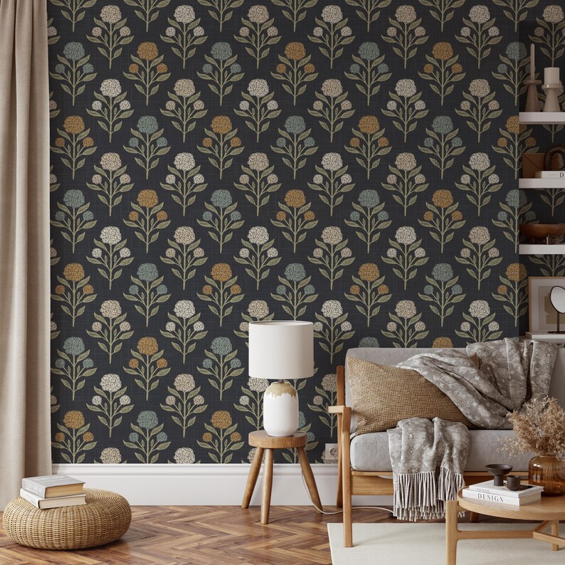 Heritage Revival Dark Floral Gothic Black Wallpaper shown in prepasted or peel and stick removable, diy, renter friendly for powder room, bathroom, entryway, hallway, office, or dramatic statement wall.