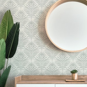 Boho Tropical Peel and Stick Wallpaper - Light Gray - Minimalist Palm Leaf for Bathroom, Powder Room, Nursery Wall Removable Renter Friendly