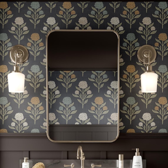 Dark Floral Peel and Stick Removable Black Wallpaper – Moody Botanical Renter Friendly for Power Room, Hallway, Bathroom, Office, Entryway