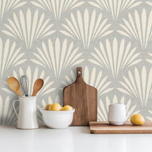 coastal shell neutral gray wallpaper in removable peel and stick, prepasted or traditional nonpasted for boho beach house decor.
