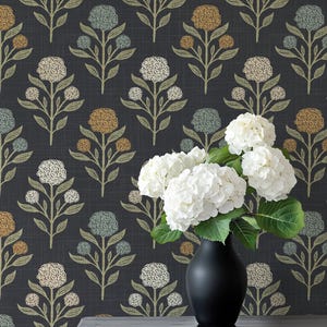 Heritage Revival Dark Floral Gothic Black Wallpaper shown in prepasted or peel and stick removable, diy, renter friendly for powder room, bathroom, entryway, hallway, office, or dramatic statement wall.