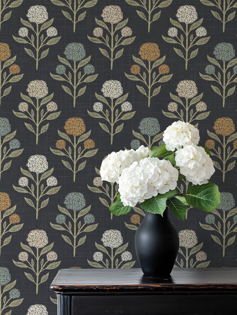 Heritage Revival Dark Floral Gothic Black Wallpaper shown in prepasted or peel and stick removable, diy, renter friendly for powder room, bathroom, entryway, hallway, office, or dramatic statement wall.