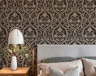 Traditional Non-Pasted - Dark Academia Moody Wallpaper - Vintage Botanical Wildflower Damask - Black Gothic Heritage Decor