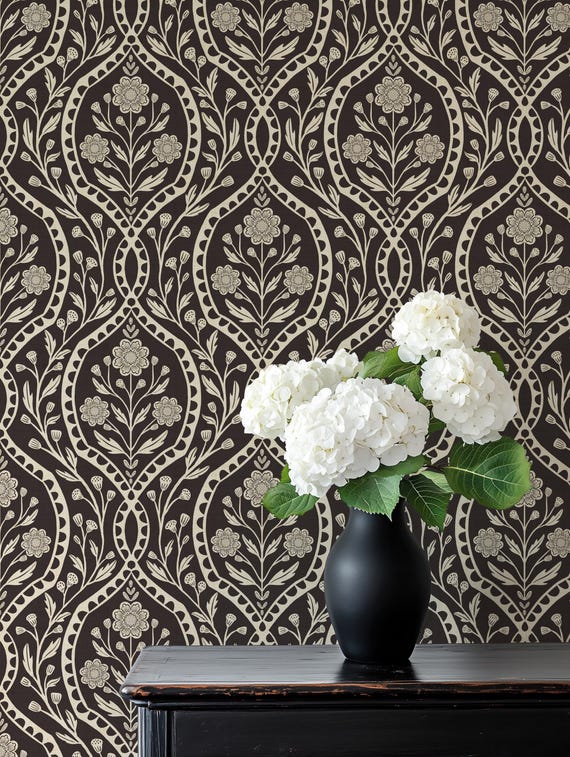 Dark Academia Moody Wallpaper - Peel and Stick or Prepasted Removable - Vintage Botanical Wildflower Damask - Black Gothic Heritage Decor
