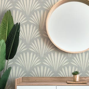 coastal shell neutral gray wallpaper in removable peel and stick, prepasted or traditional nonpasted for modern art deco or boho beach house decor.