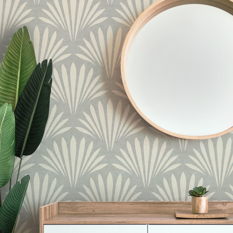 coastal shell neutral gray wallpaper in removable peel and stick, prepasted or traditional nonpasted for modern art deco or boho beach house decor.
