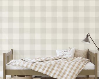 Neutral Gingham Wallpaper -  Peel and Stick, Pre-Pasted, Traditional Non-Pasted - Baby Boy Girl Nursery Room Decor - Custom Color