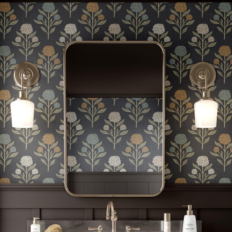Dark Floral Peel and Stick Removable Black Wallpaper – Moody Botanical Renter Friendly for Power Room, Hallway, Bathroom, Office, Entryway afbeelding 1
