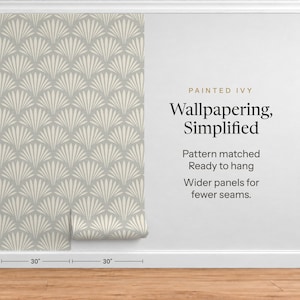 coastal shell neutral gray wallpaper in removable peel and stick, prepasted or traditional nonpasted for boho beach house decor.