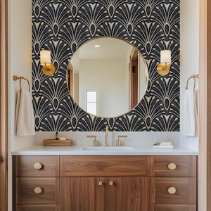 Art Deco Wallpaper | Black Removable Peel and Stick Wallpaper | Dark Moody 1920s Glam Mid Century Modern Bathroom Bedroom Accent Wall Mural
