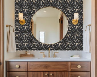 Art Deco Wallpaper | Black Removable Peel and Stick Wallpaper | Dark Moody 1920s Glam Mid Century Modern Bathroom Bedroom Accent Wall Mural
