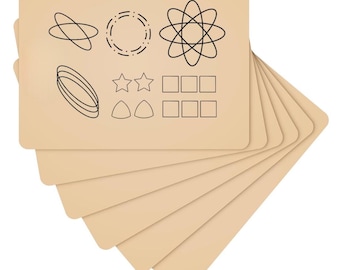 May include: A set of six beige tracing cards with various shapes and patterns, including circles, stars, squares, and triangles.
