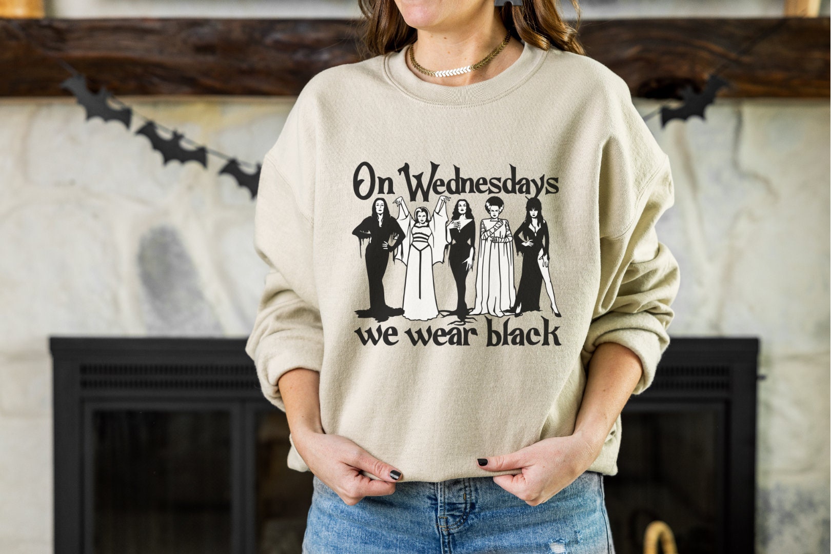 Discover On Wednesdays We Wear Black Sweatshirt, Horror Goth Queens Morticia Addams, Lily Munster, Elvira, Vampira, The Bride Sweatshirt