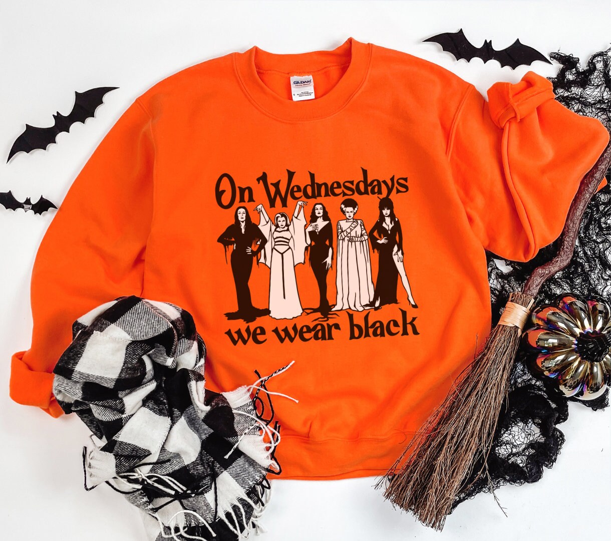 Discover On Wednesdays We Wear Black Sweatshirt, Horror Goth Queens Morticia Addams, Lily Munster, Elvira, Vampira, The Bride Sweatshirt