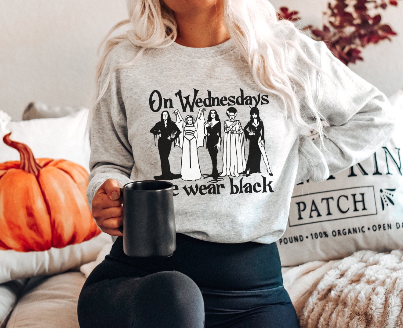 Discover On Wednesdays We Wear Black Sweatshirt, Horror Goth Queens Morticia Addams, Lily Munster, Elvira, Vampira, The Bride Sweatshirt