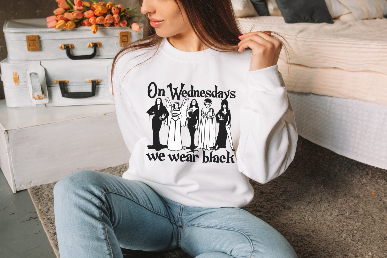 Discover On Wednesdays We Wear Black Sweatshirt, Horror Goth Queens Morticia Addams, Lily Munster, Elvira, Vampira, The Bride Sweatshirt