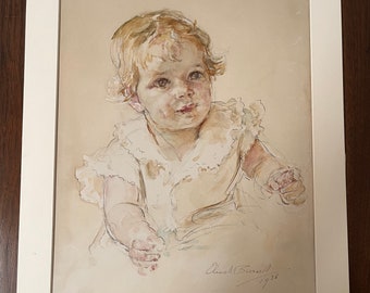 Original watercolor painting Baby Girl 1935 vintage unframed