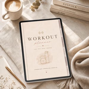 以下が含まれることがあります： ベージュ色の表紙に「WORKOUT planner」の文字とケトルベルとウォーターボトルのイラストが描かれたデジタルワークアウトプランナー。プランナーは開かれており、タブ付きのセクションが表示されています。コーヒーカップと本が背景にあります。