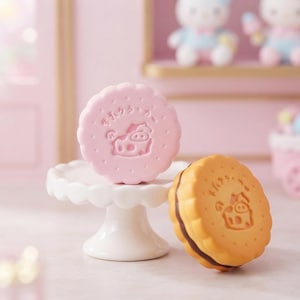 May include: A pink round cookie with a scalloped edge and a cow illustration sits on a small white pedestal stand. Next to it is a golden-brown sandwich cookie with a dark brown filling, also featuring a cow illustration and Japanese text.