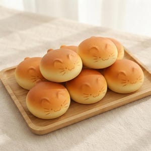 May include: A collection of round, golden-brown baked buns arranged on a rectangular wooden tray. Each bun features a smooth, domed surface with small, molded cat-like ears and a simple, dark-printed facial expression consisting of eyes and whiskers.
