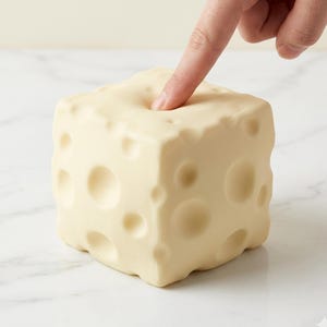 Puede incluir: Un objeto en forma de cubo de color amarillo claro con varios agujeros redondos, que se asemeja a un bloque de queso. Un dedo presiona sobre la superficie superior, creando una ligera hendidura. El objeto tiene una textura suave y un diseño lúdico.