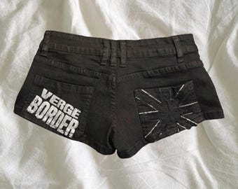 Black Low Rise Mini Shorts Double Zip Pockets Union Jack Patch Y2K Grunge Summer