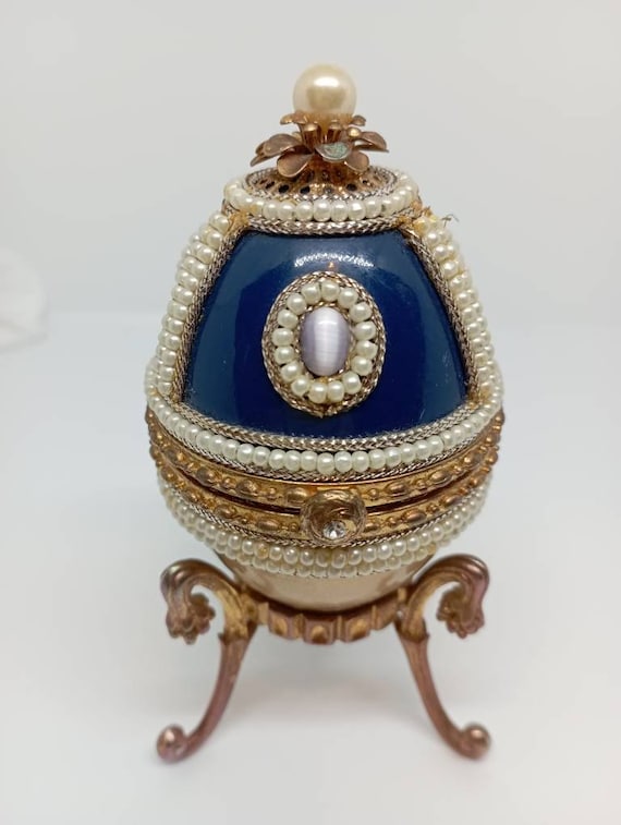 Faberge egg jewelry box in blue-gold tone, qualit… - image 1