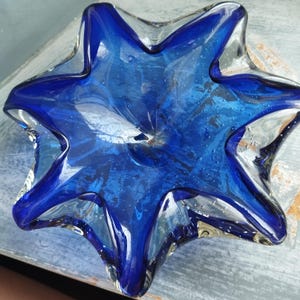 Vintage Murano Bullicante Art Glass Bowl Hand Blown Cobalt Blue Star Dish - Mid Century Italian